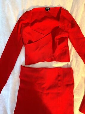 NEW XS Express Red Ribbed Two-Piece Set - Wrap Crop Top & Matching Skirt